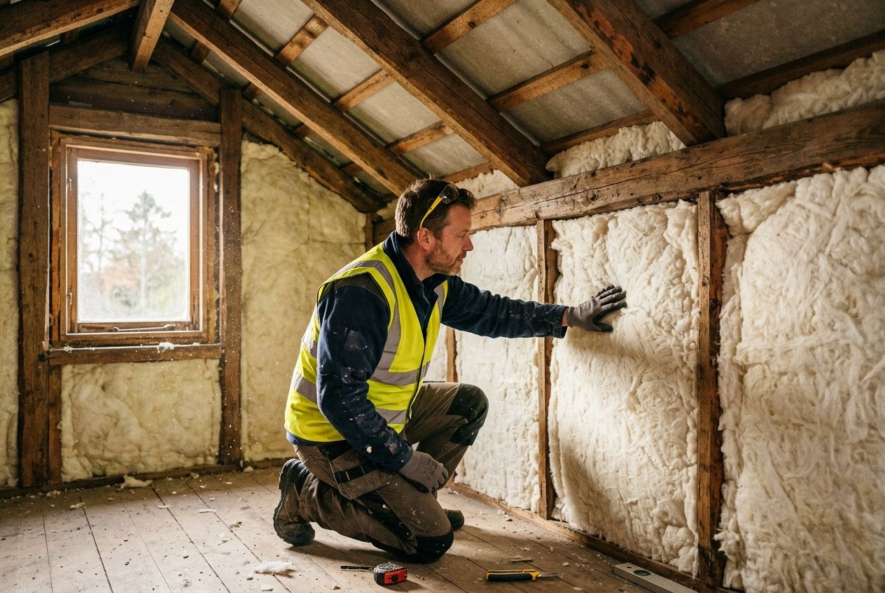 Travailleur en gilet jaune appliquant de l’isolant dans une pièce non finie, murs en bois et laine de roche, fenêtre à côté. Isolation à 1 euro 2024.