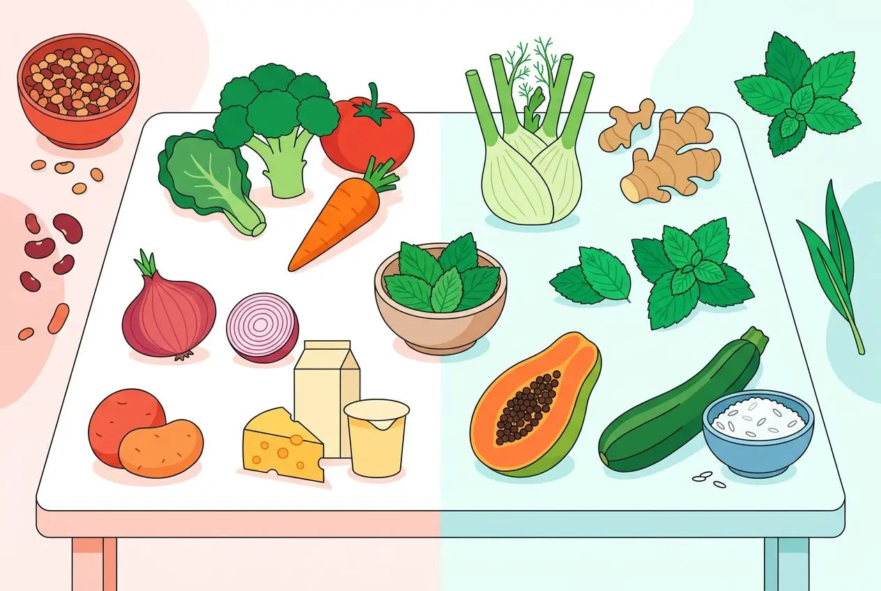 Tableau d’aliments naturels présentés pour aider à comment soigner cheveux gaz naturellement et réduire les ballonnements, avec légumes, fruits et épices.