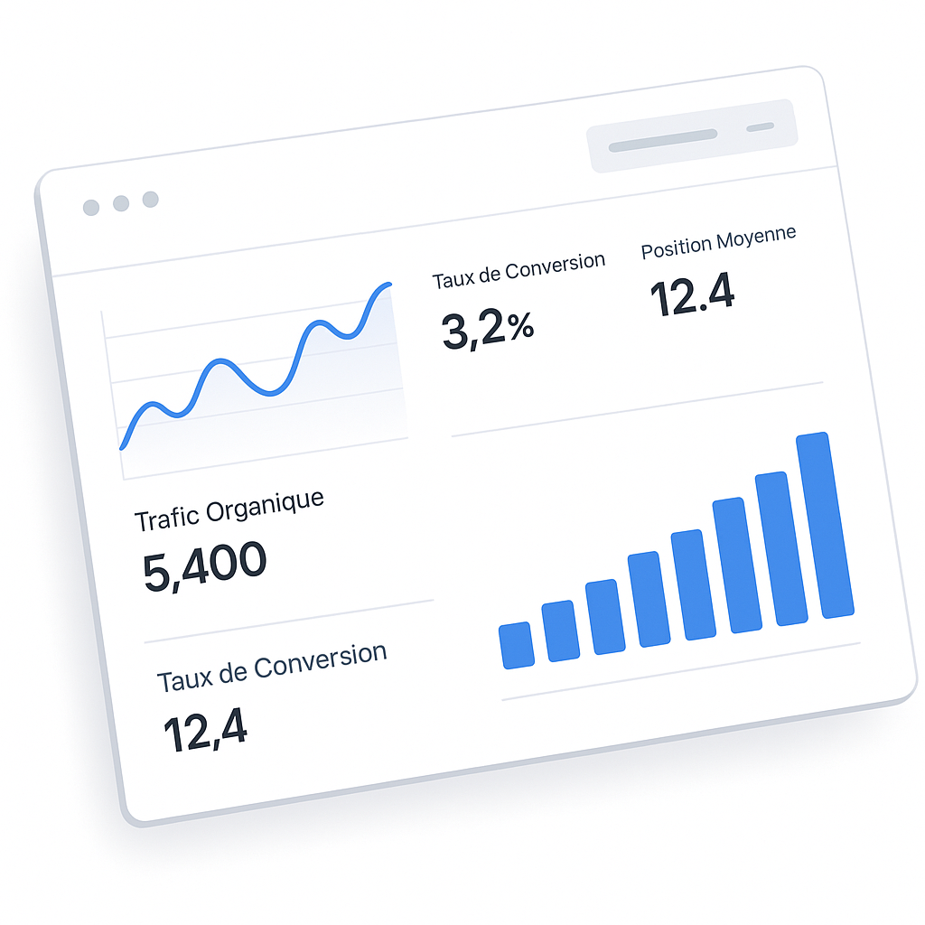 Exemple de tableau de bord pour le suivi des résultats et le reporting d'une campagne de référencement SEO.