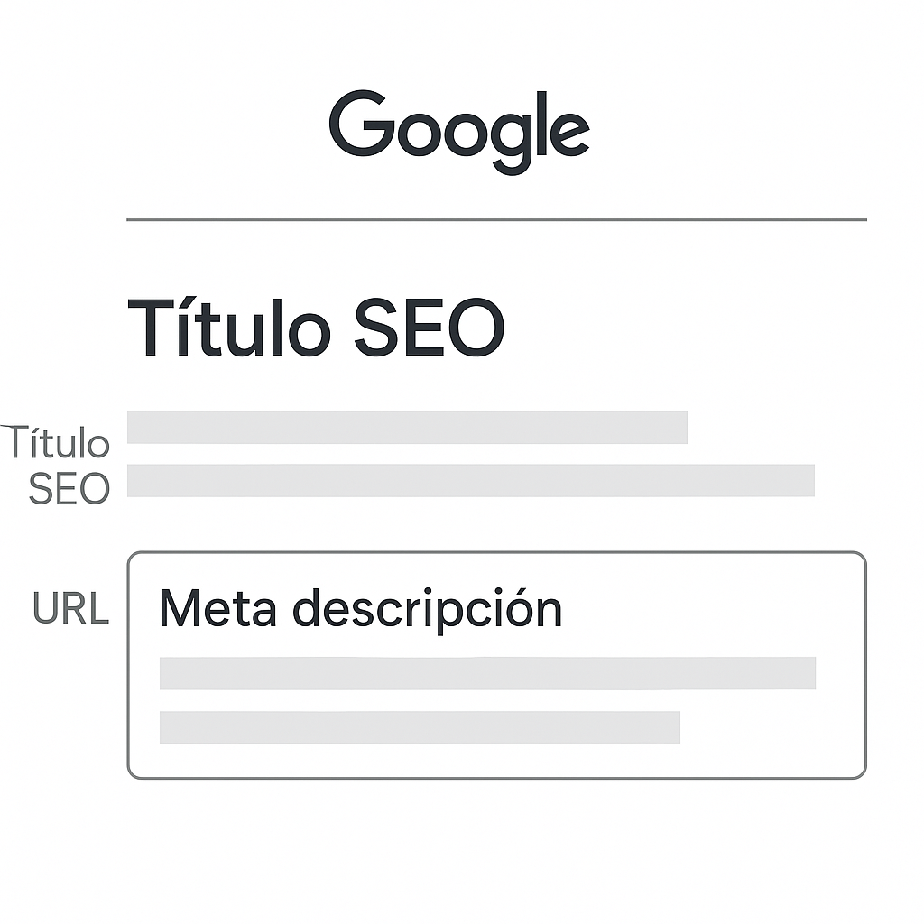 Esquema de un resultado de búsqueda en Google que muestra la ubicación del título SEO, la URL y la meta descripción.