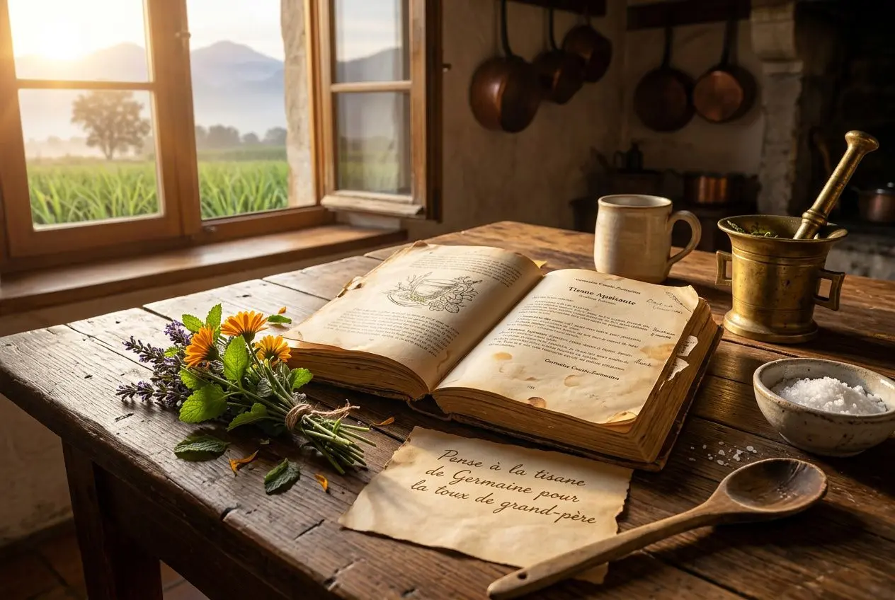 Livre ancien ouvert sur une table en bois, fleurs et herbes fraîches, mortier et pilon, carnet et fenêtre laissant entrer la lumière, ambiance cuisine traditionnelle. Recette santé de nos grands mères