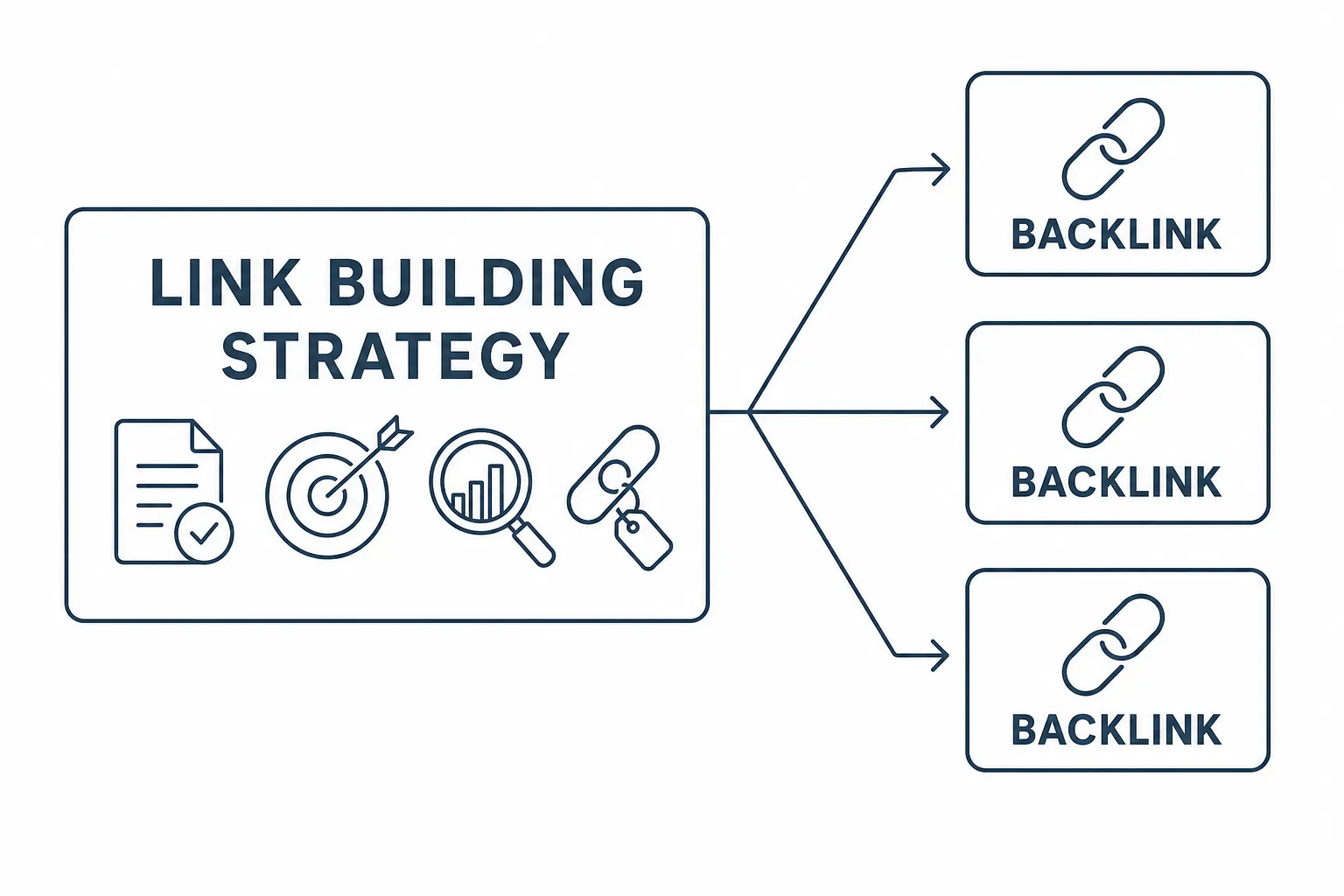 Diagram showing that link building is the overall strategy that produces several individual backlinks.
