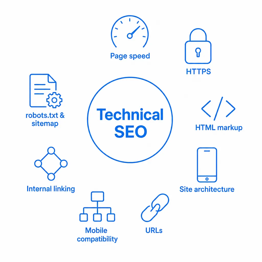 The main levers of successful technical SEO: speed, HTTPS, robots and sitemap, HTML markup, URLs, site architecture, mobile
