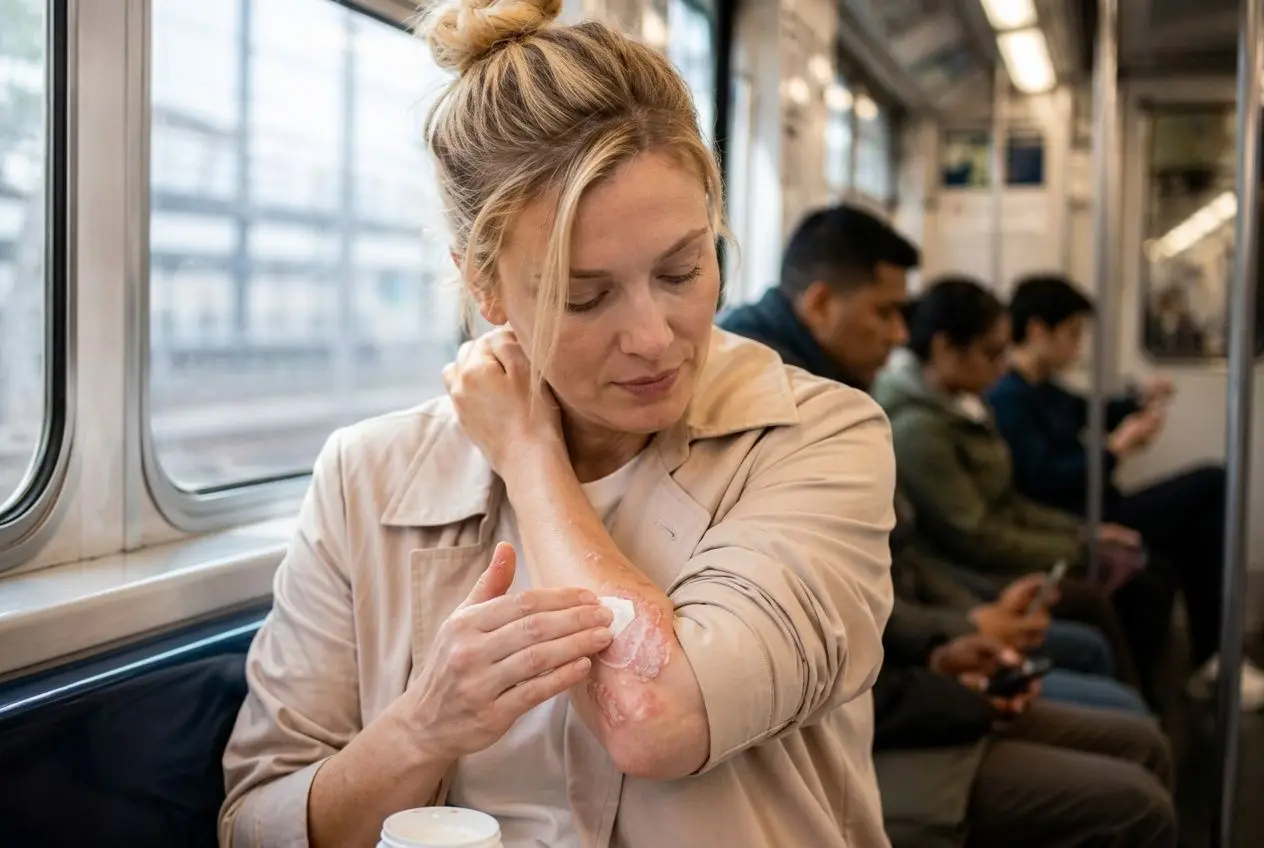 Femme assise dans le métro, se triturant le coude avec une plaque de psoriasis visible sur le bras. psoriasi remède forum.