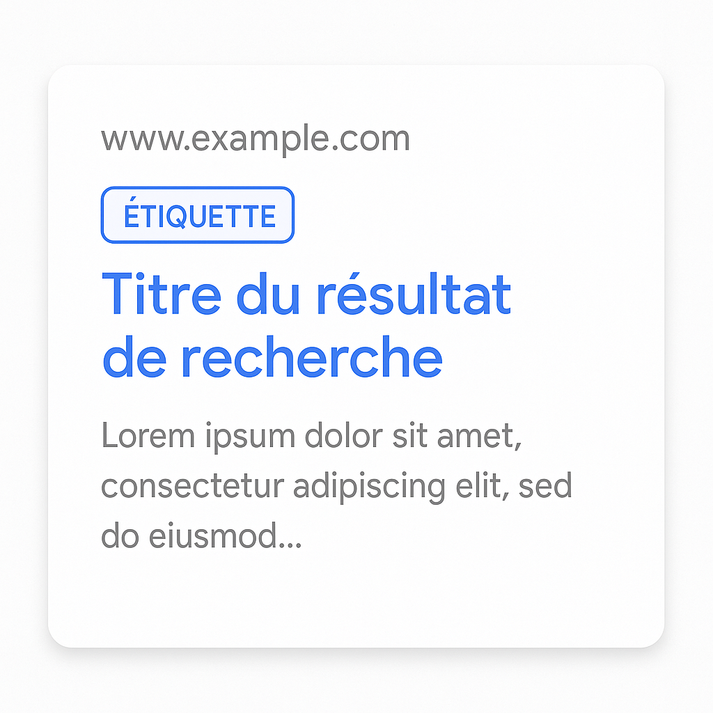 Crée une maquette d'interface utilisateur (UI) ultra-simplifiée d'un résultat de recherche Google, sur fond blanc. L'URL est visible en haut. Le titre en bleu est encadré avec une étiquette