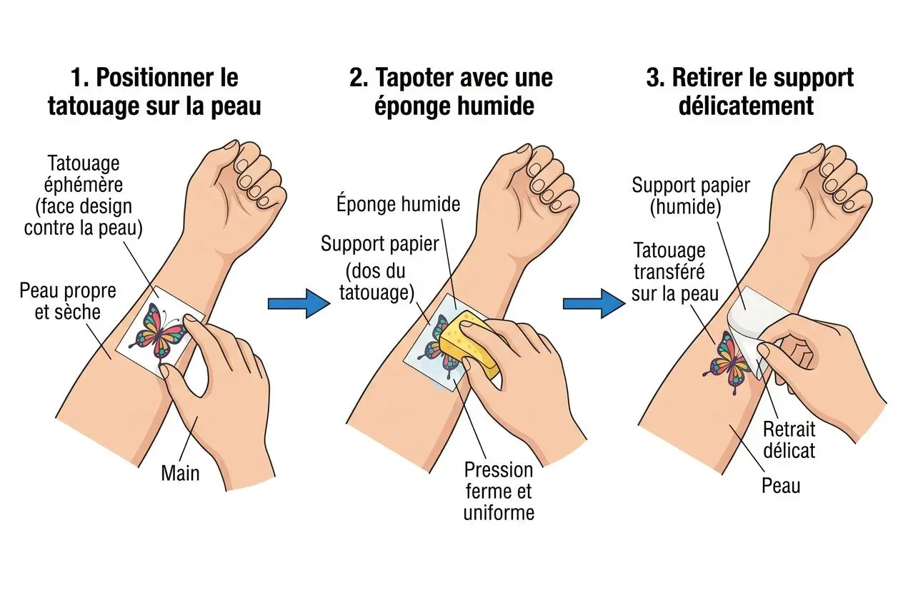 Tatouage lion éphémère : schéma étape par étape montrant l’application sur la peau avec une éponge humide et le retrait du support délicatement.