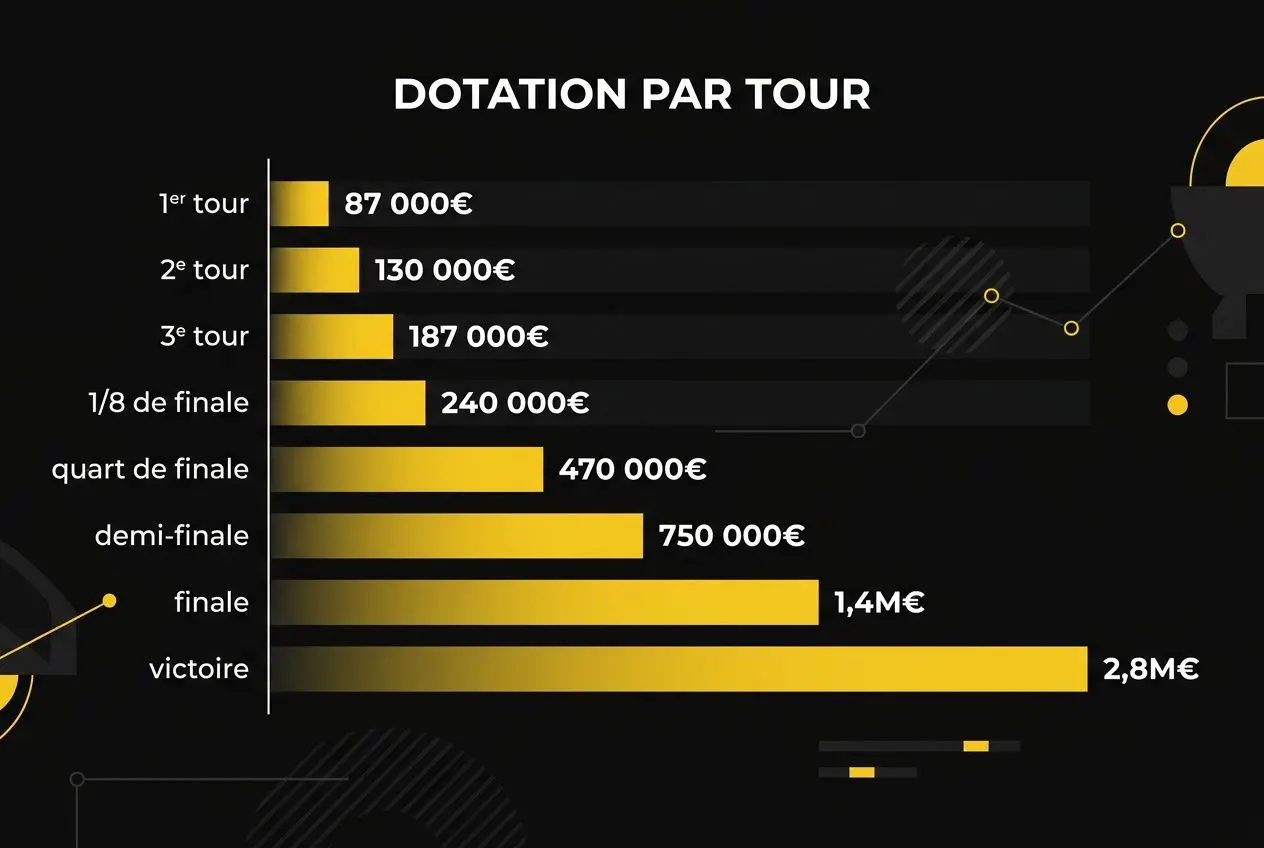 Diagramme Dotation par tour montrant les montants en euros pour chaque étape du tournoi : 1er tour, 2e tour, 3e tour, huitième, quart, demi-finale, finale et victoire. Pronostic Roland Garros 2026 intégré de manière fluide.