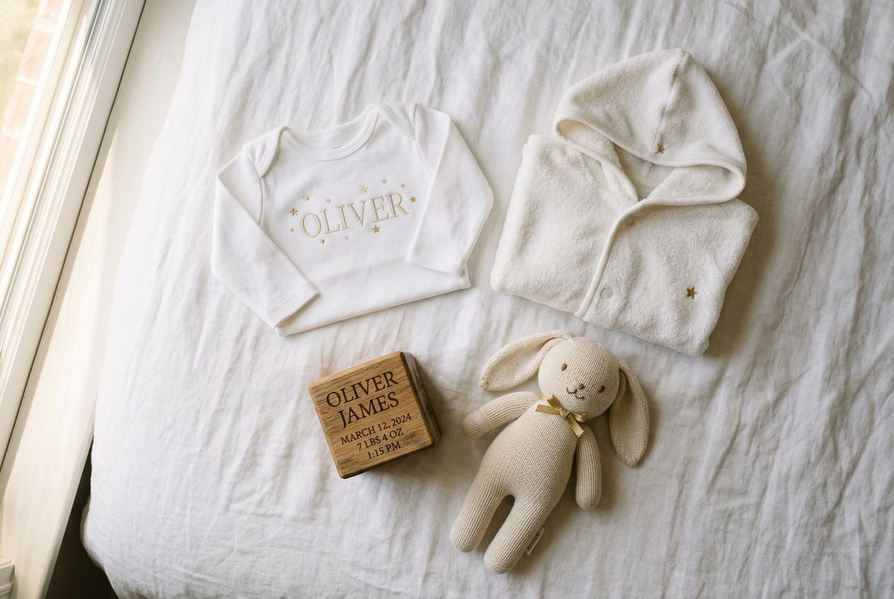 Coffret et peluche beige avec body et robe brodés du prénom Oliver James, cadeau naissance original personnalisé, sur lit blanc.