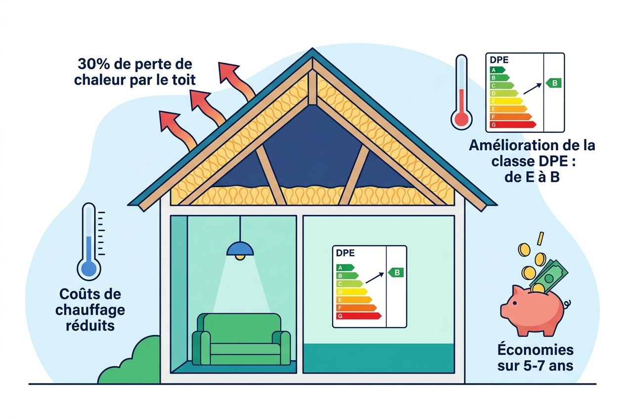 Maison avec isolation soufflée: affiches DPE et économie, toit et combles, flèches chaleur et coûts réduits, amélioration DPE et économies sur 5-7 ans. isolation soufflée prix m2 featured.