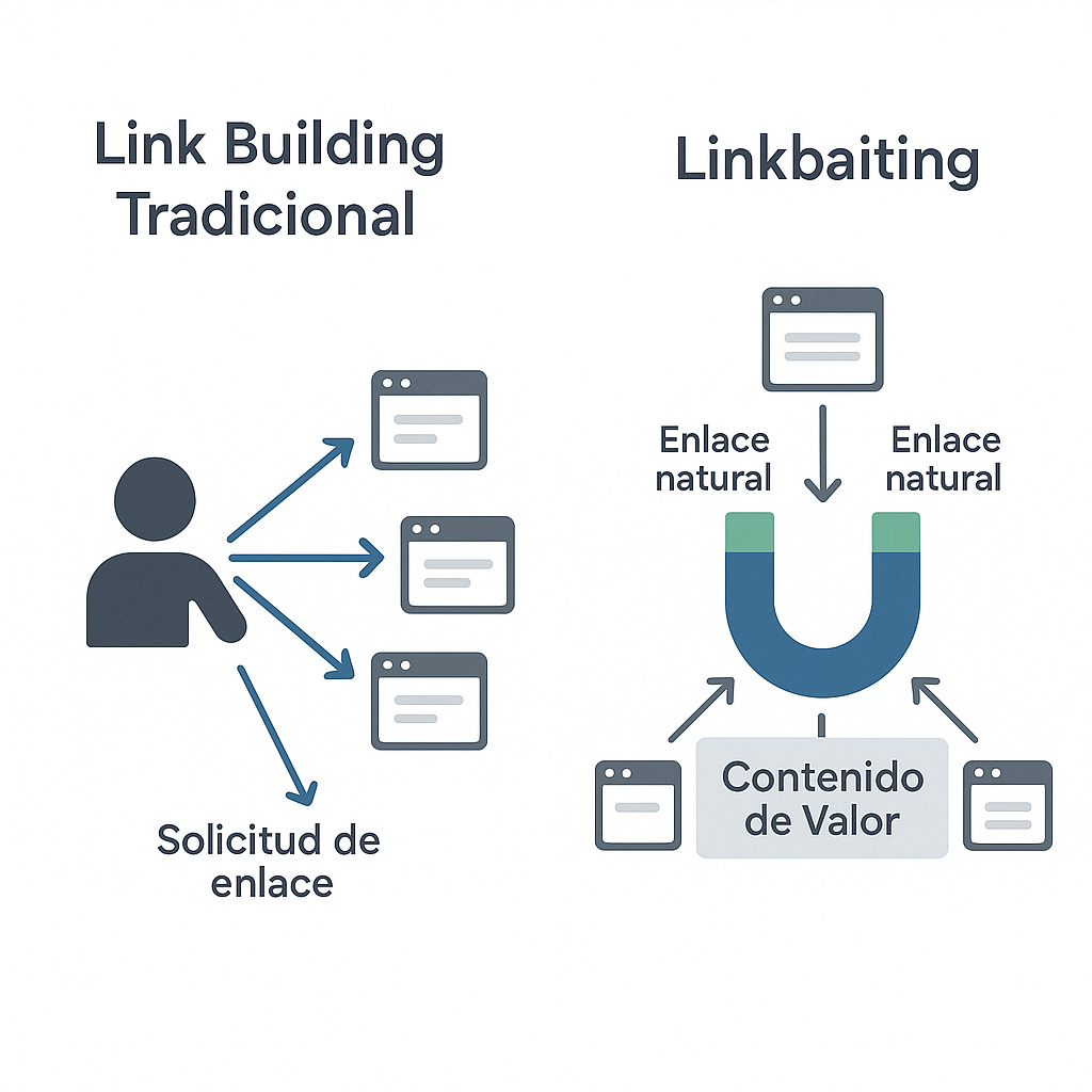 Esquema comparativo que muestra la diferencia entre Link Building tradicional, un proceso activo de solicitar enlaces, y Linkbaiting, una técnica para atraer enlaces de forma natural mediante contenido de valor.