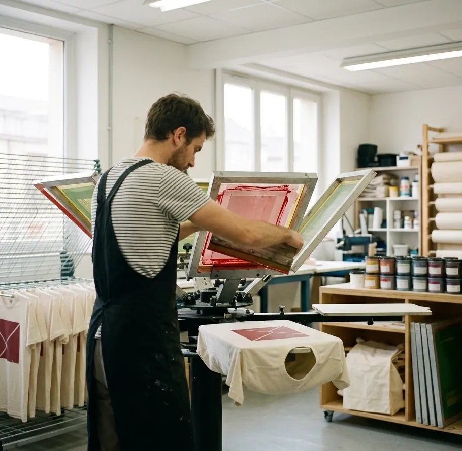 Homme en tablier noir et rayé inspectant une presse à screen-printing pour tabliers personnalisés broderie, atelier lumineux.
