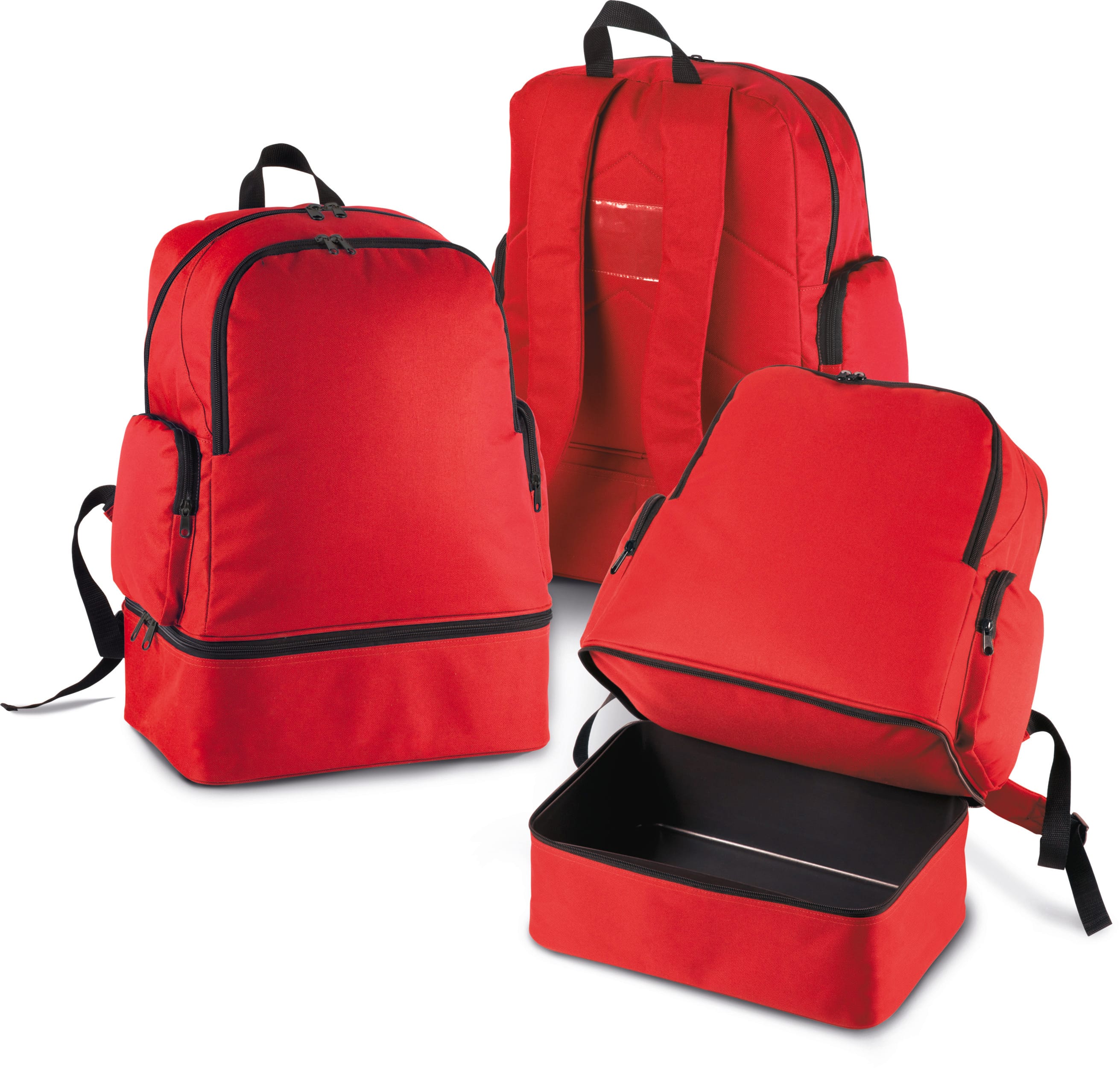 Sac à dos personnalisable adulte rouge, avec compartiments zippés et boîtier de rangement amovible, prêt pour broderie ou impression.