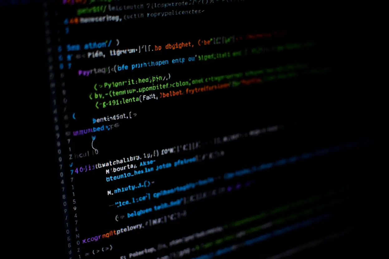 Écran sombre montrant du code source coloré (lignes et mots-clés en vert, bleu, orange) sur fond noir.
