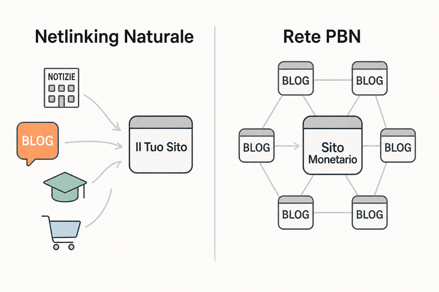 Schema che confronta un profilo di link naturale proveniente da fonti diverse e una rete di siti artificiali che punta verso un solo sito.