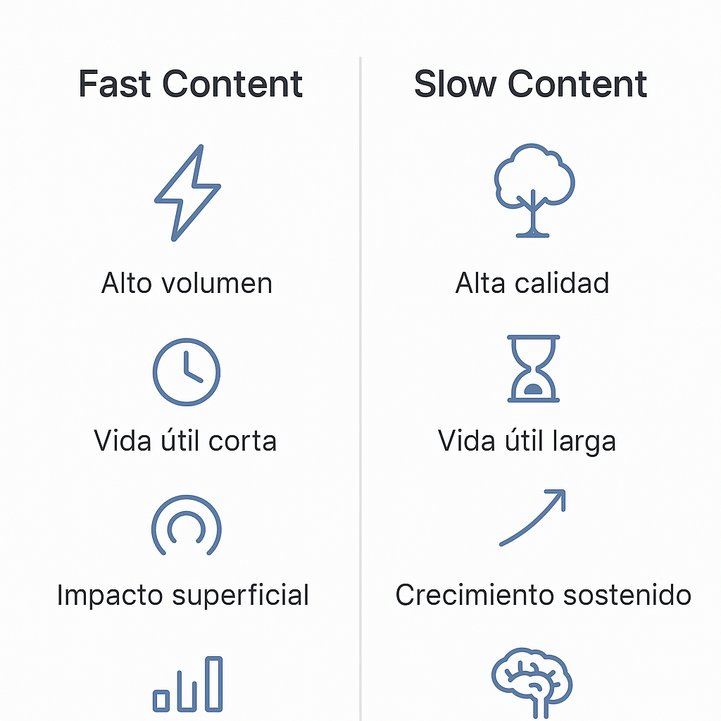 Esquema que compara el Fast Content, caracterizado por el alto volumen y la vida útil corta, con el Slow Content, enfocado en la alta calidad y el crecimiento sostenido a largo plazo.