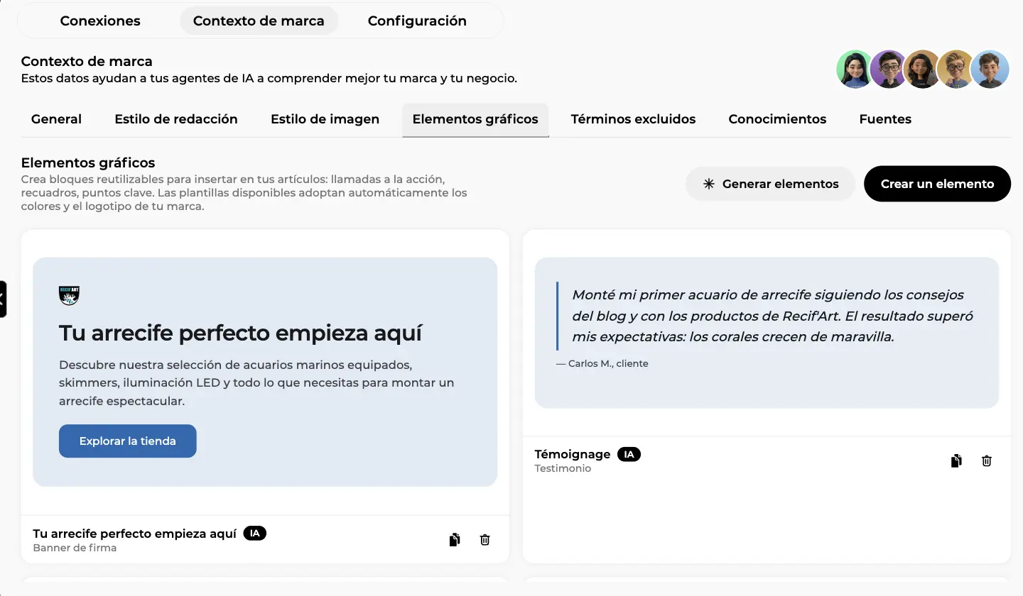 Biblioteca de elementos gráficos con los botones Generar elementos y Crear un elemento, una tarjeta banner de firma y una tarjeta testimonio