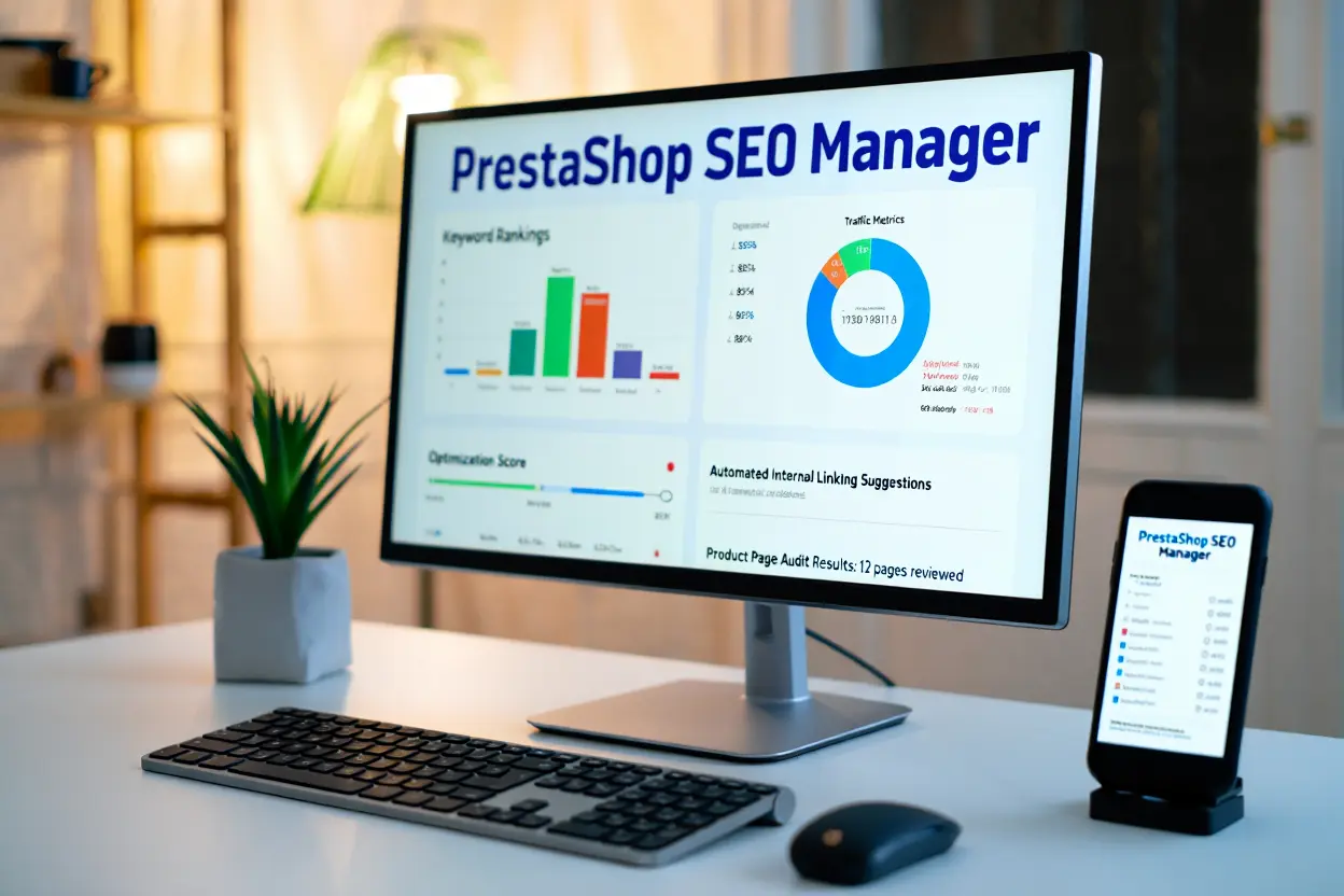 Tableau de bord SEO PrestaShop alimenté par IA sur ordinateur