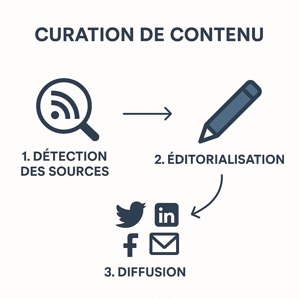 Schéma représentant les trois phases de la curation de contenu : Détection des sources, Éditorialisation et Diffusion.
