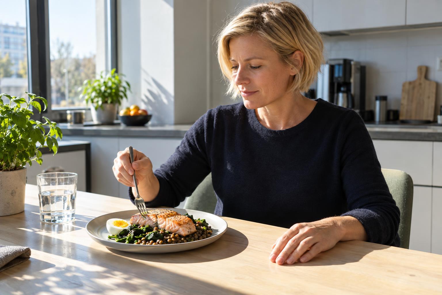 Femme mangeant un repas de poisson et de légumes, une assiette riche en aliments bons pour le cerveau