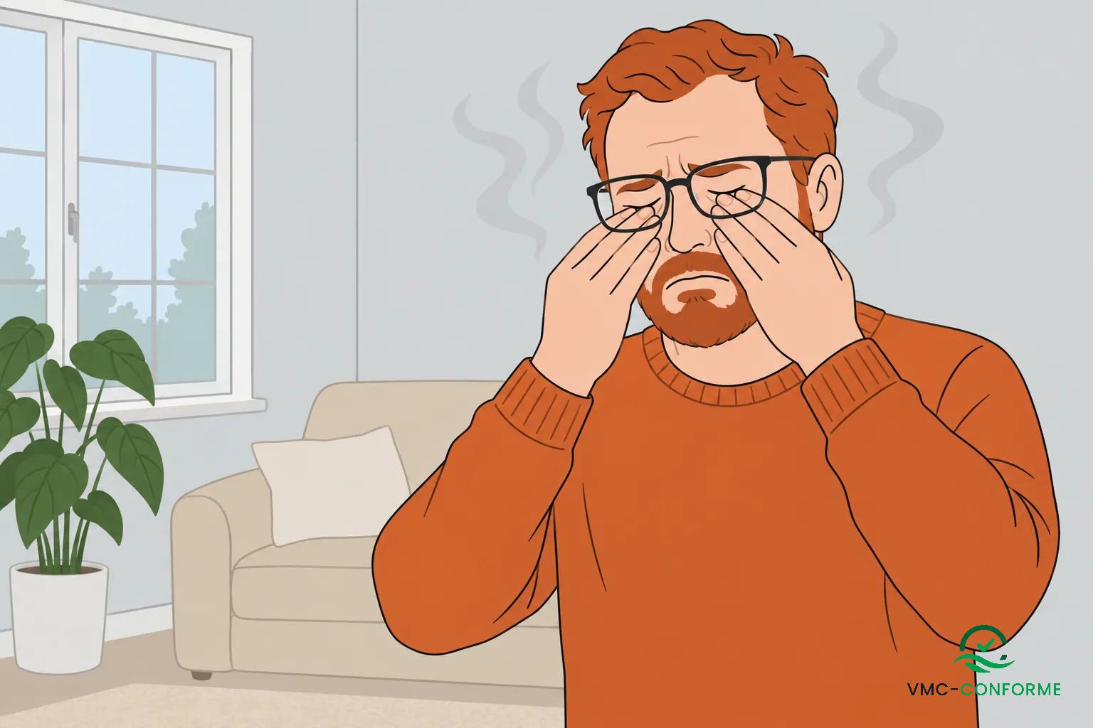 Homme portant lunettes se frottant les yeux, air du salon, faible ventilation et vapeur autour, suggérant air vicié conséquence sur la santé.