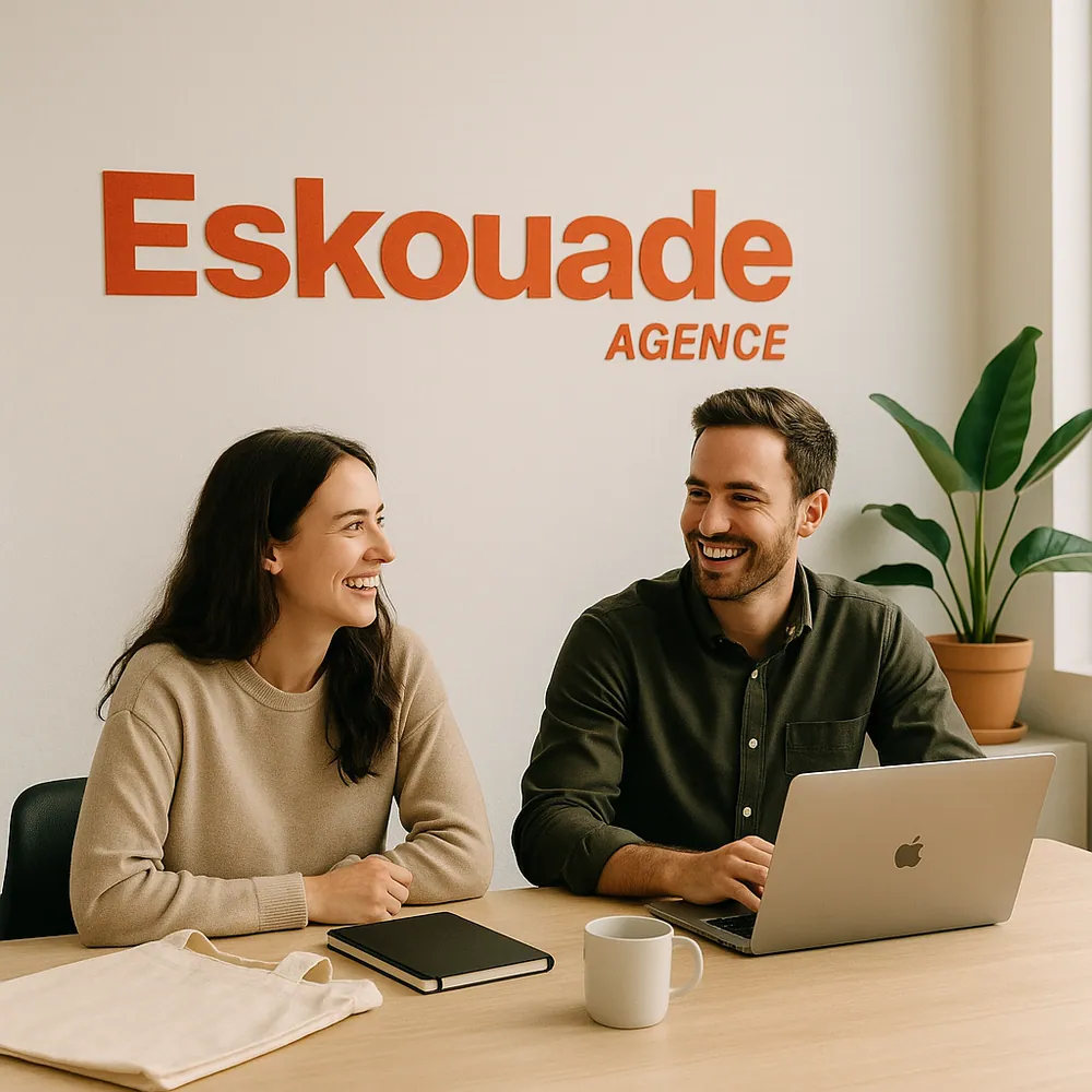 Deux professionnels souriants en réunion dans un bureau, autour d’un laptop et d’un carnet, avec le logo Eskouade Agence en arrière-plan. Où commander des textiles personnalisés avec un atelier de marquage français ?