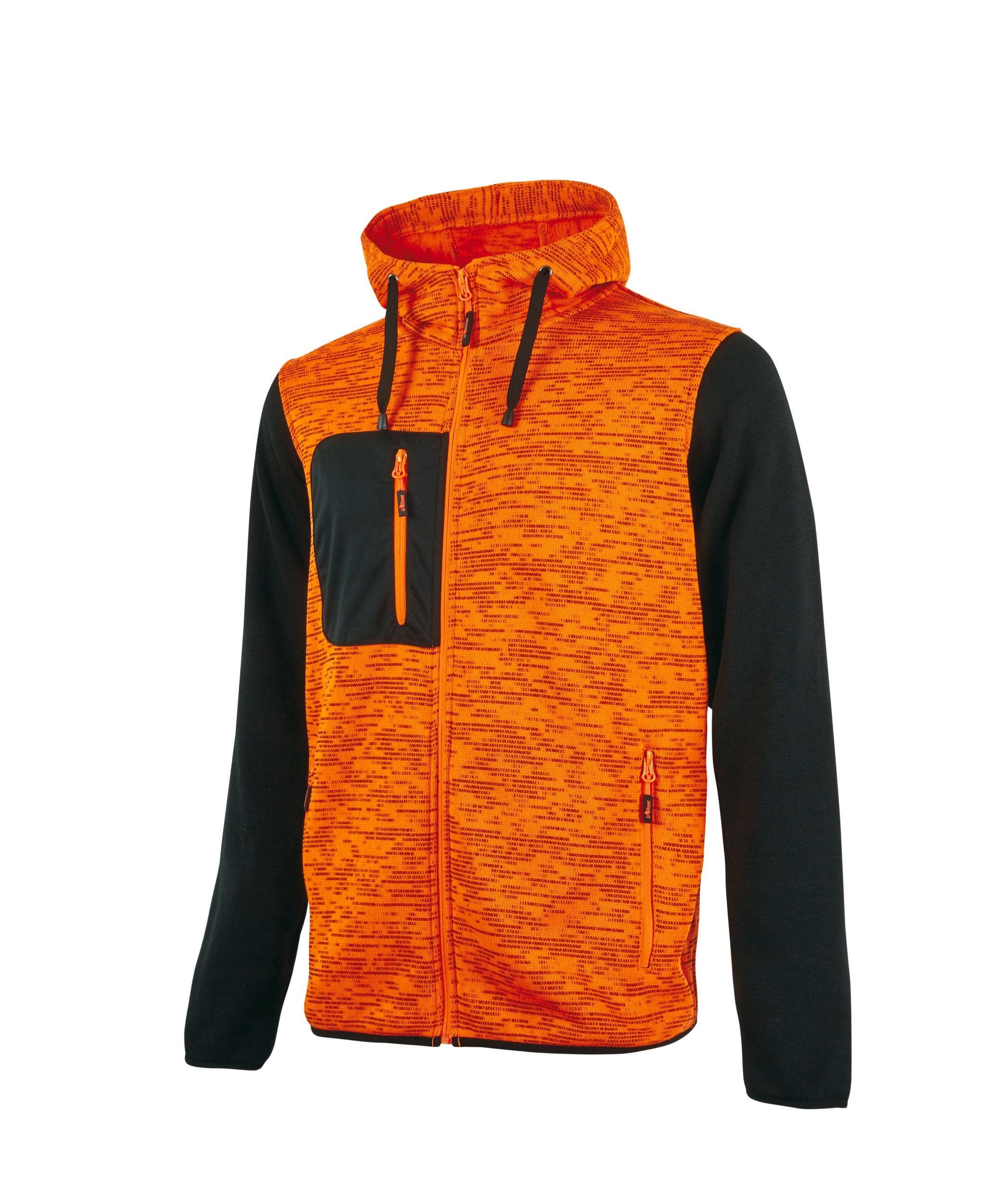 Pull personnalisé association : sweat orange et noir avec capuche, poches zippées et détails contrastants, idéal pour logo ou broderie. pull personnalisé association