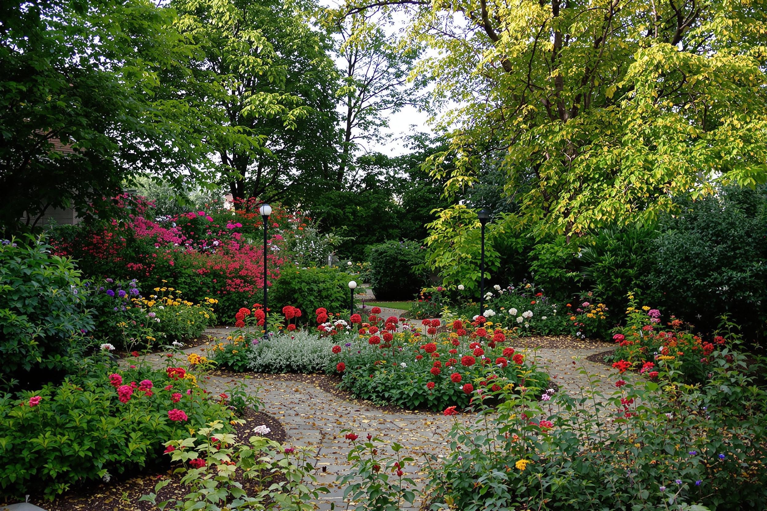 Jardin avec des luminaires sur pied