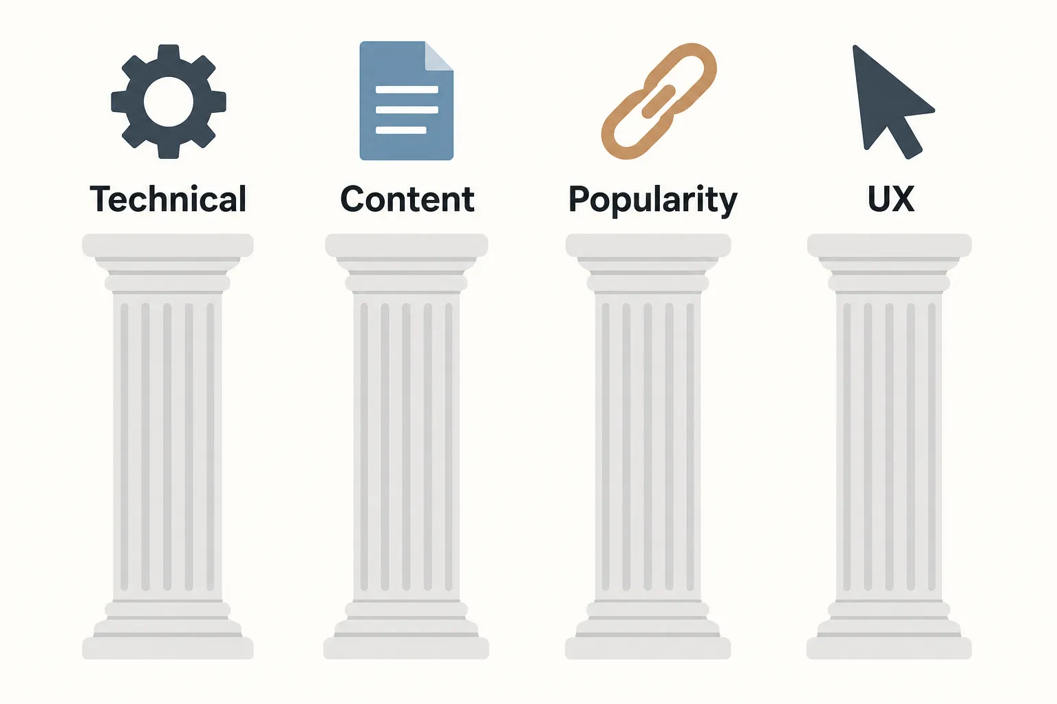 Infographic of the 4 pillars of SEO: technical, content, popularity (link building) and user experience.