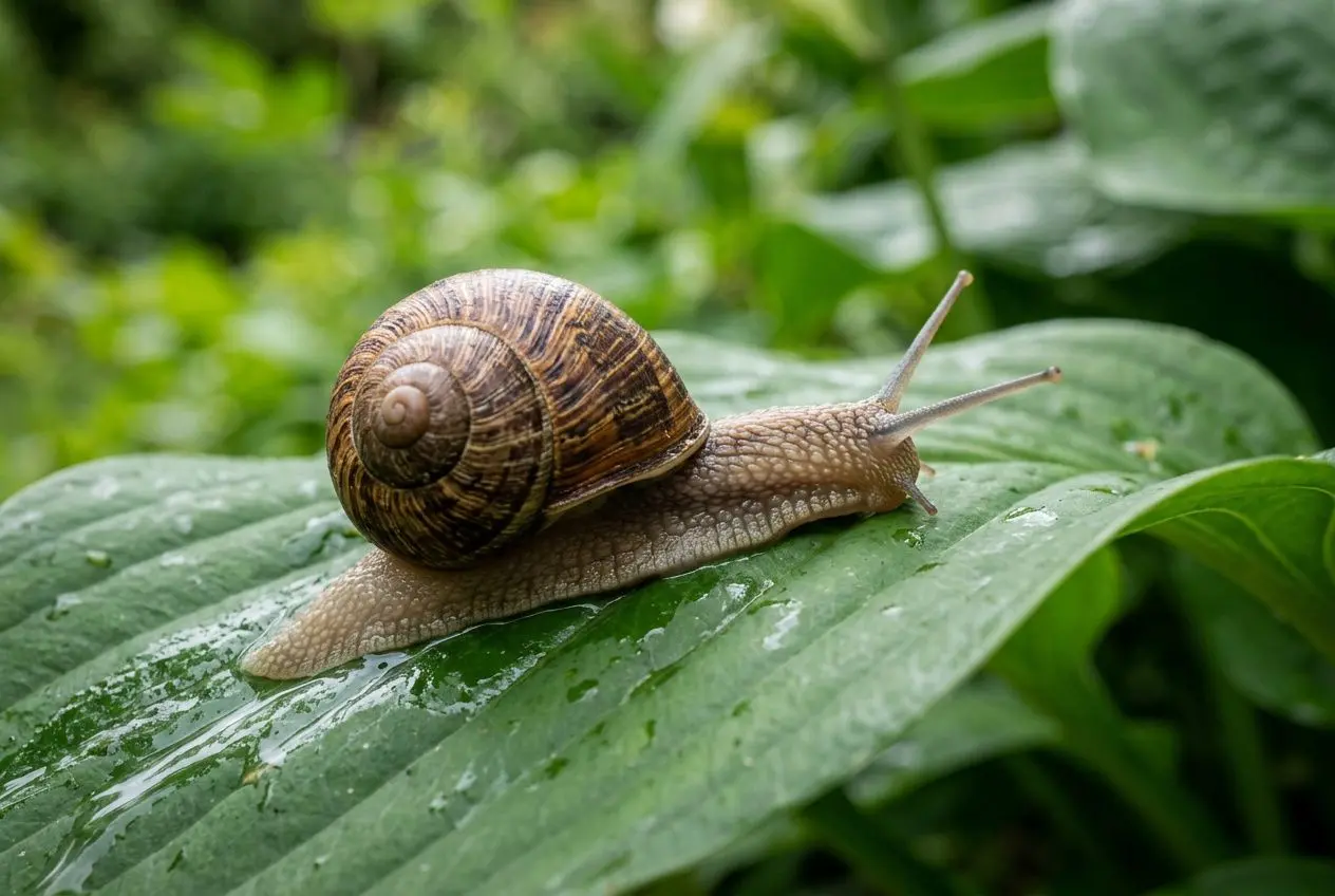 Escargot sur une feuille verte, premier plan naturel, illustration de mucine d'escargot pour la K-Beauty.