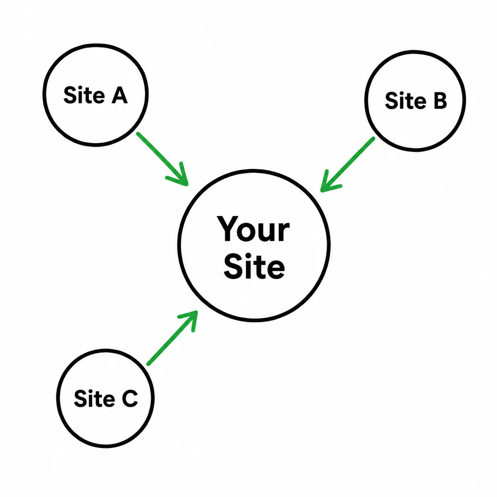 Diagram explaining a quality link building strategy with backlinks pointing to your site from authoritative websites.