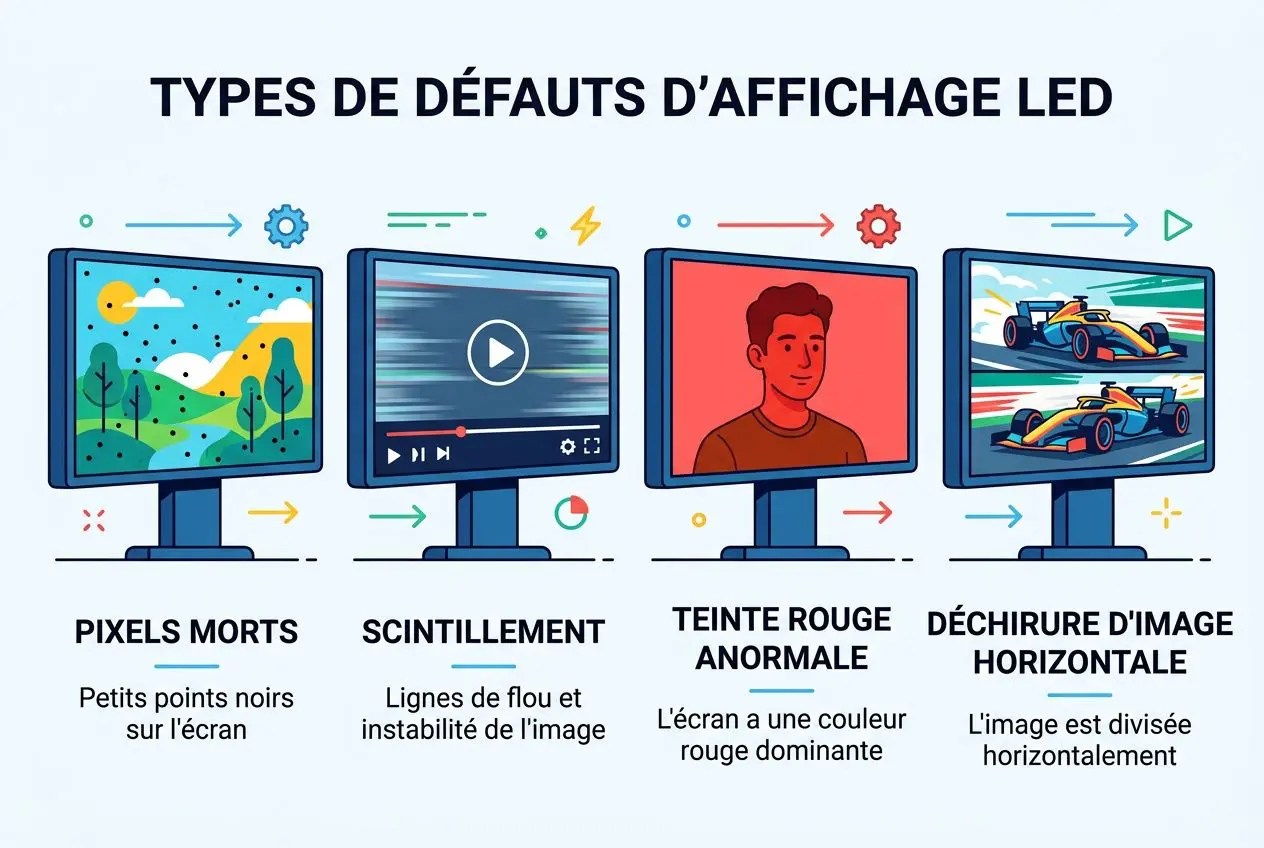 Types de défauts d’affichage LED: pixels morts, scintillement, teinte rouge anormale et déchirure d’image horizontale. Problèmes affichage écran led.