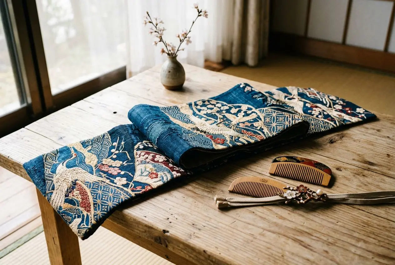 Ceinture obi bleue à motifs, prête à être portée, posée sur une table en bois avec peigne et outils de coiffure japonais. tutoriel porter ceinture obi est intégré naturellement.