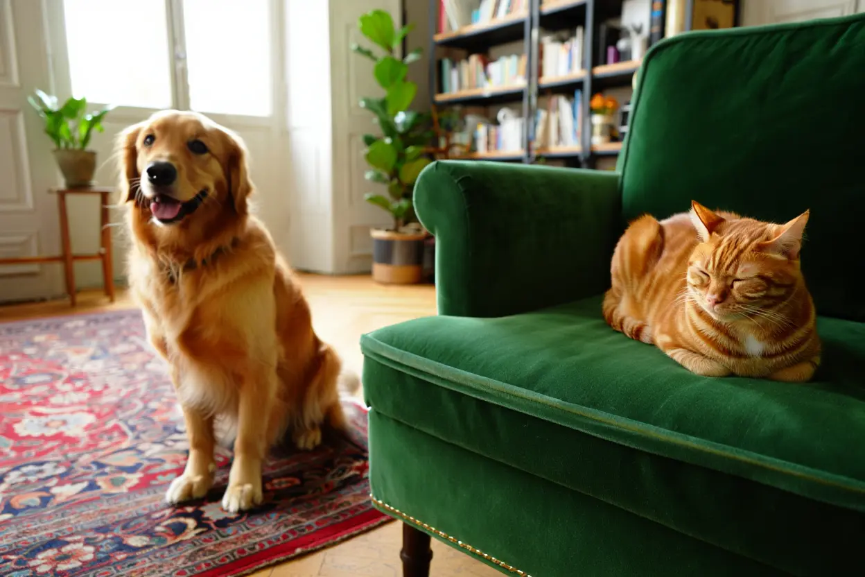 Chat et chien dans un intérieur français