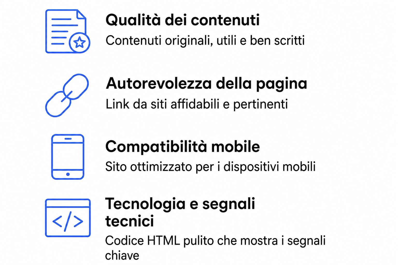 I quattro criteri principali analizzati prima dell'indicizzazione: qualità del contenuto, reputazione, esperienza utente e struttura tecnica