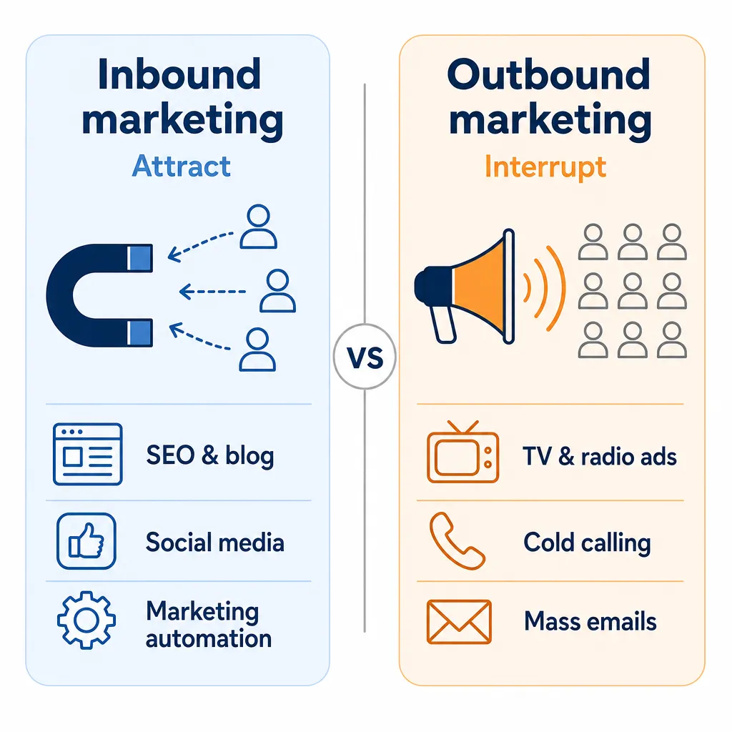 Infographic comparing inbound marketing (attraction strategy) with outbound marketing (interruption strategy).