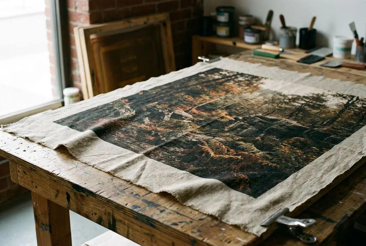 Impression photo sur textile grand format : pièce de tissu posé sur une table de travail avec une image imprimée fantaisie, outils et matériel en arrière-plan.