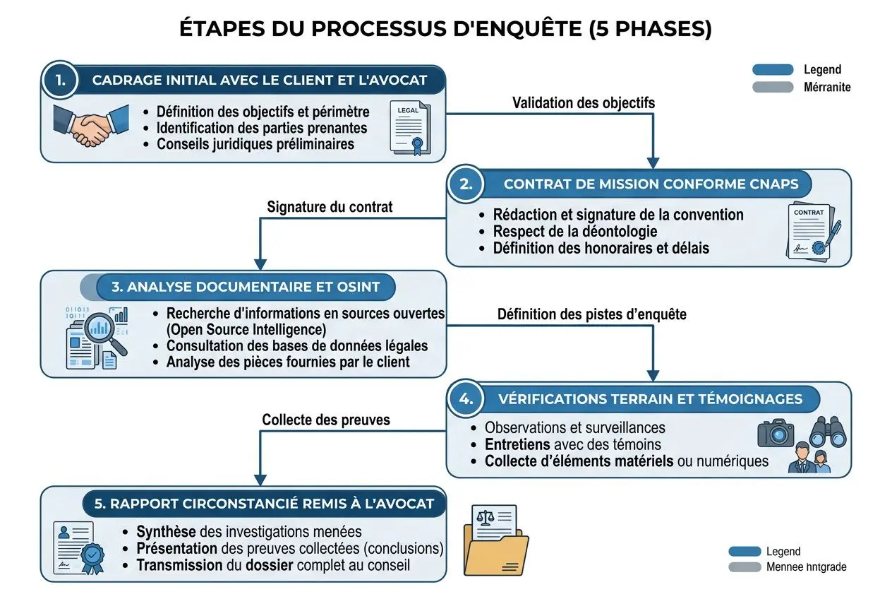 Étapes du processus d'enquête (5 phases) pour une enquête concurrence déloyale entreprise, résumant cadrage, contrat, analyse, vérifications et rapport final.