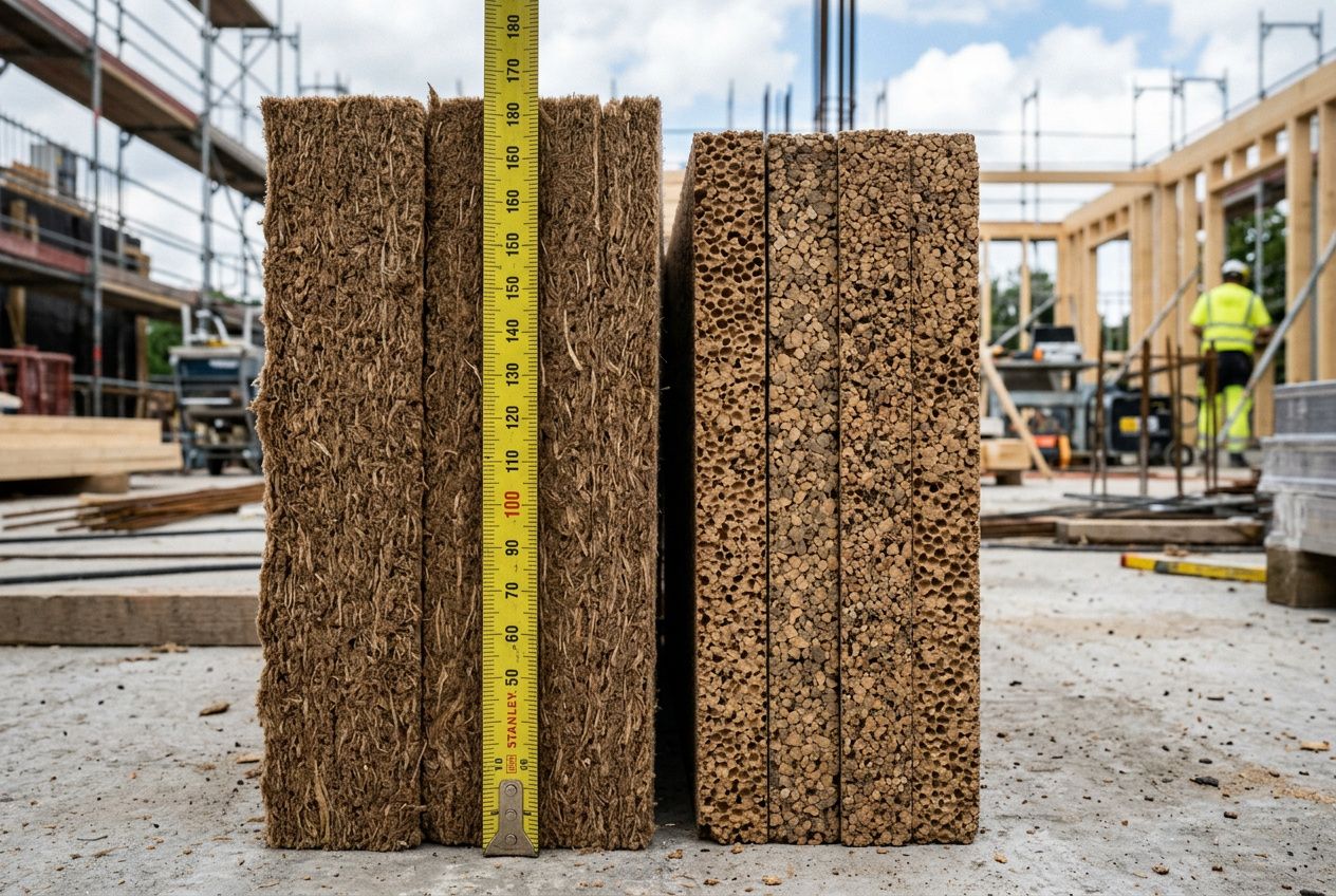 Deux panneaux d’isolant naturel rigide en fibre de bois et liège plantés debout sur un chantier, avec un mètre ruban indiquant leur épaisseur.