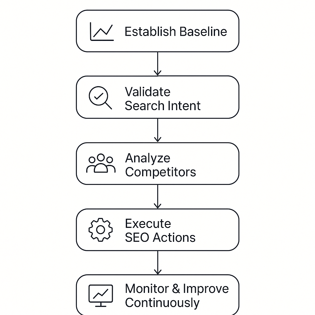 Diagrama de flujo del proceso de análisis de SERP en cinco pasos: línea base, validación de intención, análisis de competidores, ejecución y monitoreo.