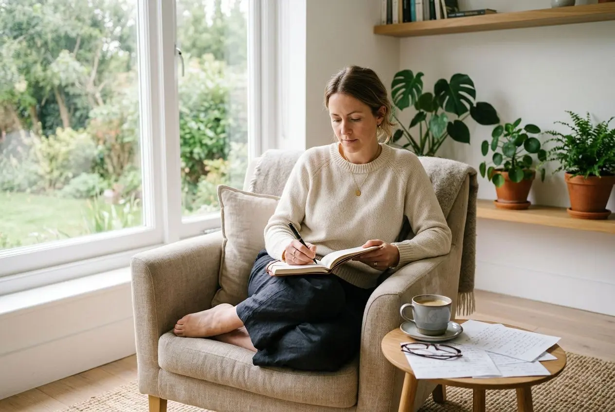 Femme assise près d’une fenêtre, écrivant dans un carnet, avec tasse et documents sur la table en bois, ambiance calme propice à « comment bien se connaitre soi meme ».
