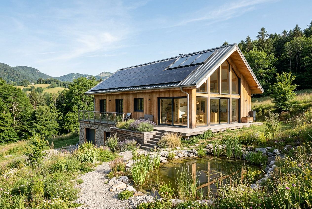 Maison autonome clé en main: chalet moderne en bois avec grandes vitres, toit solaire, sur terrain naturel près d’un ruisseau et de la forêt.