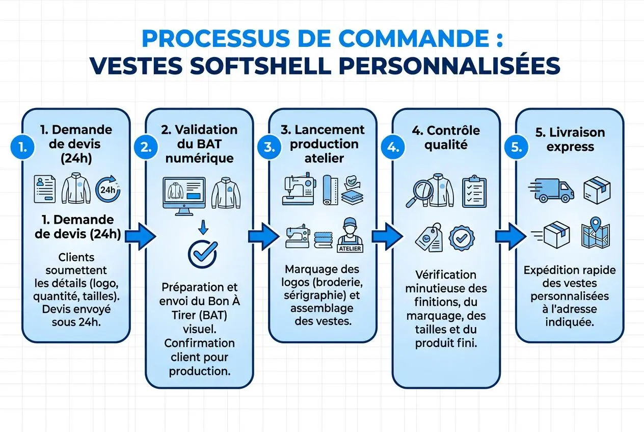 Processus de commande : vestes softshell personnalisées avec logo d'entreprise et broderie, production rapide possible dès 50 pièces.