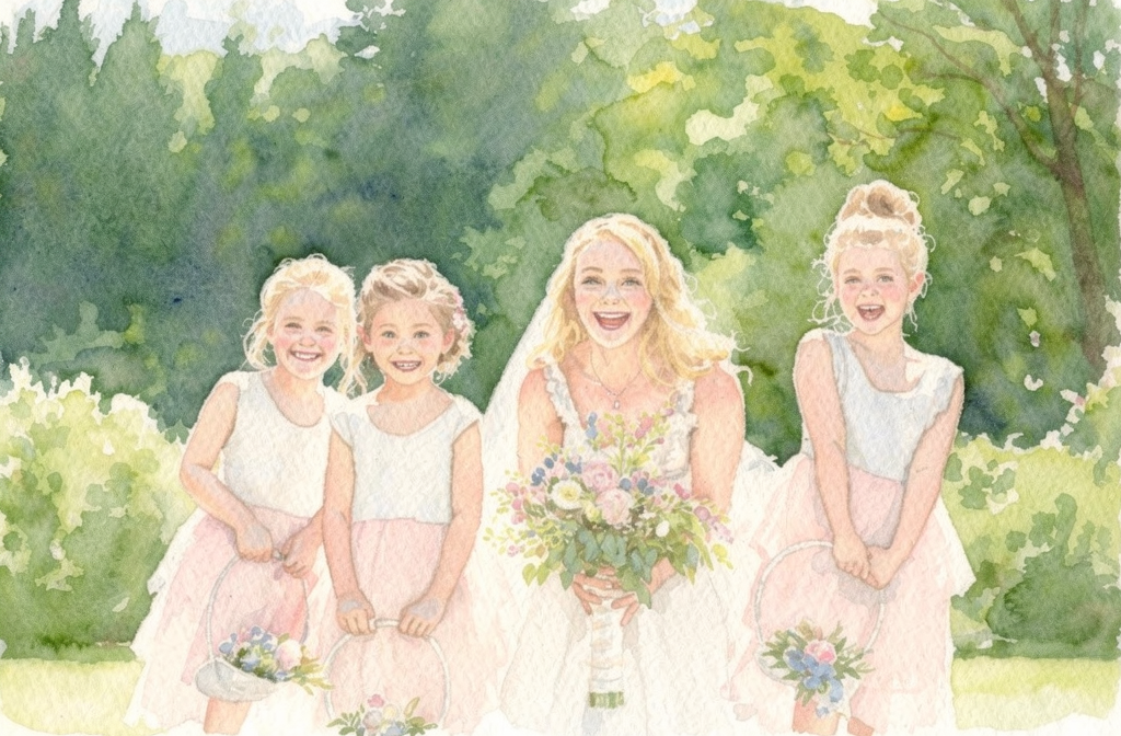 Mariée souriante entourée de trois demoiselles d'honneur enfants en robes roses tenant des bouquets de fleurs lors d'un mariage en plein air.