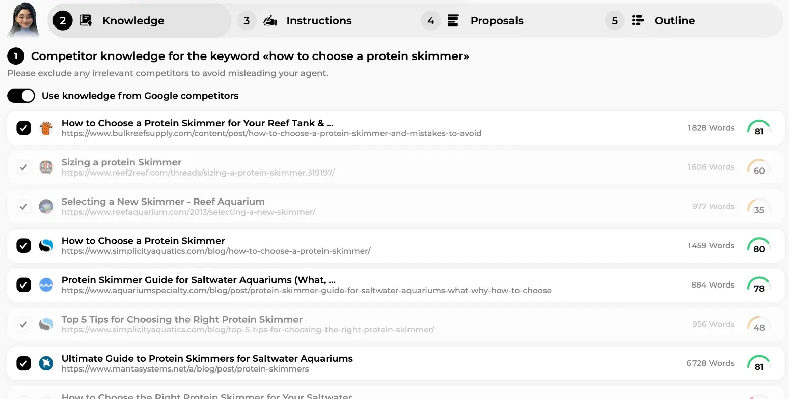 Knowledge step listing Google competitor pages with word counts and content scores, some ticked