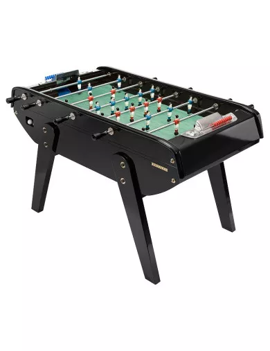 Table de baby-foot, version compact noire, avec joueurs miniatures et surfaces vertes. Parfait pour baby-foot professionnel ou loisir à domicile.