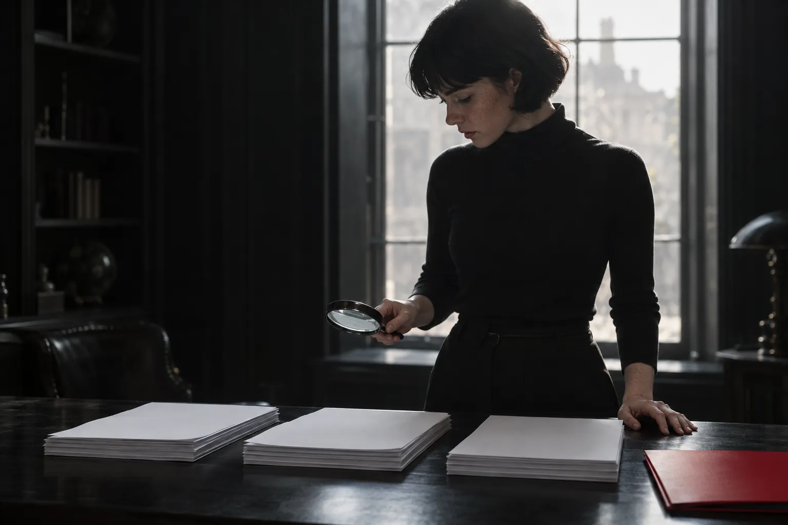 Une femme examine des documents avec une loupe dans un bureau sombre.
