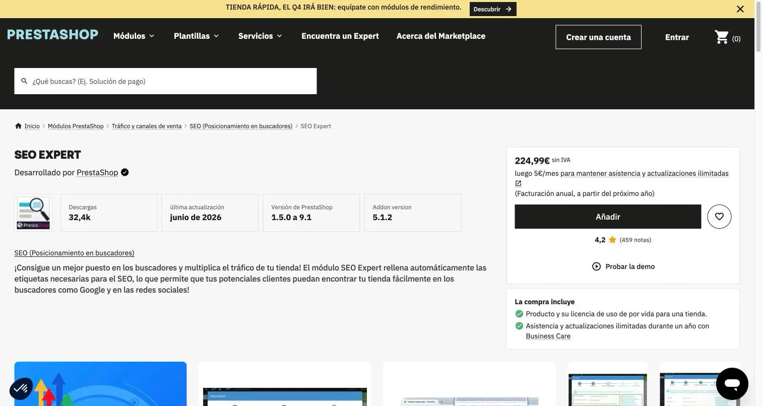 Ficha del módulo SEO Expert en PrestaShop Addons: desarrollado por PrestaShop, versión 5.1.2, compatible de 1.5.0 a 9.1, 224,99 €, 4,2 sobre 5.