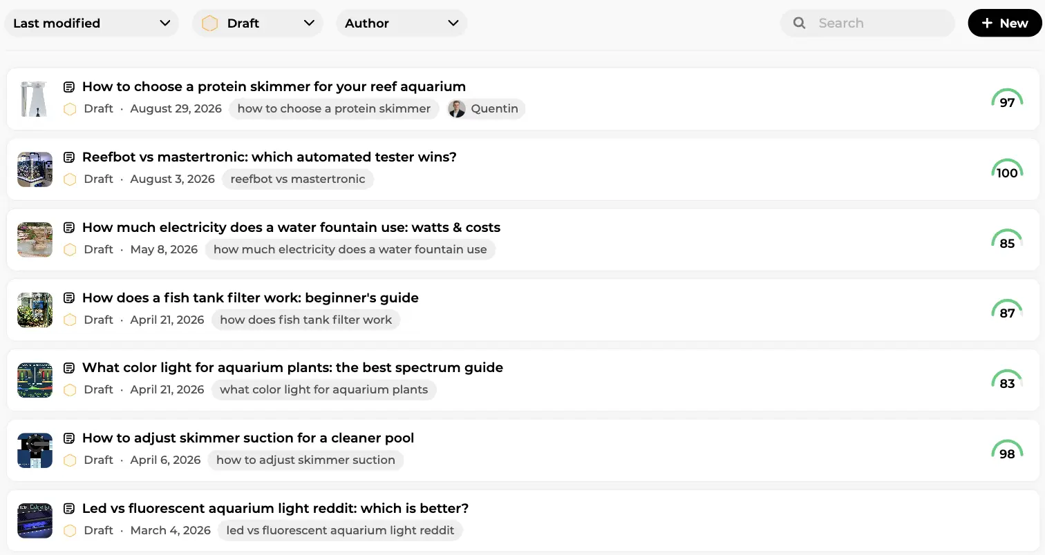 Blog article list filtered on drafts, showing titles, keywords, authors and content scores