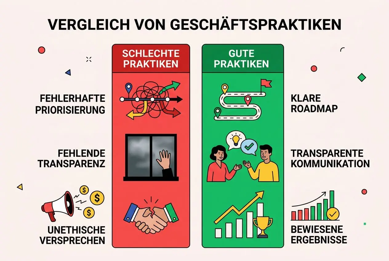 Vergleich von Geschäfts­praktiken: schlechte vs. gute Praktiken bei SEO-Audits, mit Fokus auf Warnsignale im SEO Audit und seriöse vs. unseriöse Anbieter.
