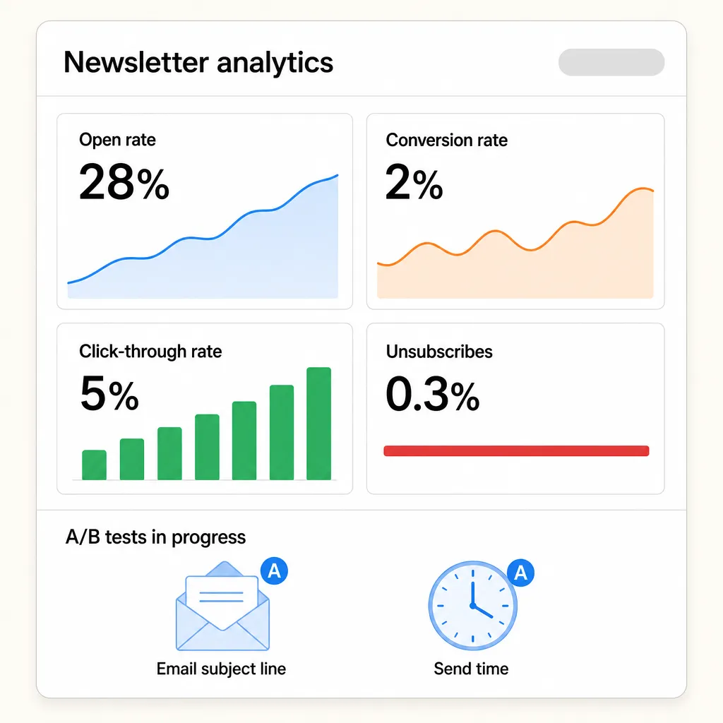 Newsletter analytics dashboard showing open rate, click-through rate, conversion rate and unsubscribes, with a section on A/B tests in progress.